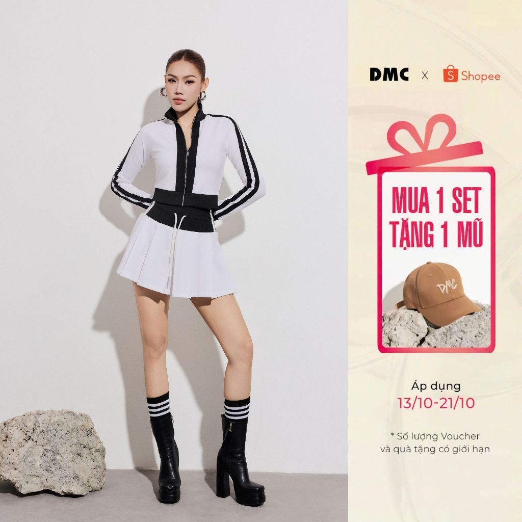 [BST Thu đông] DMC Set Bộ Áo Khoác Croptop Cạp Bo Chân Váy Xếp Ly - White Black Cotton Jacket And Mini Skirt EC2