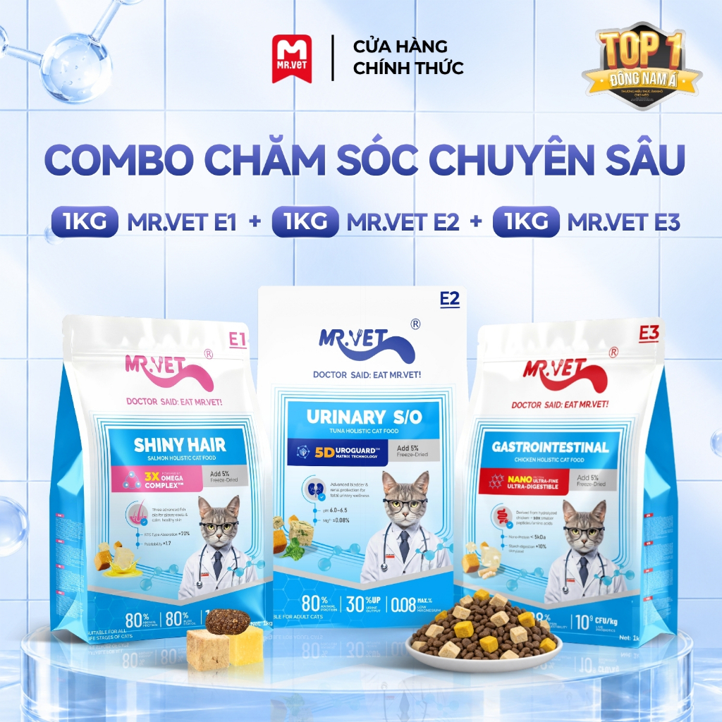 [TẶNG 1 PATE 70G] Combo Glow Up Mix Hạt MRVET E1,E2,E3, Mèo Ăn Ngon, Tiết Niệu Khỏe, Lông Bóng Mượt