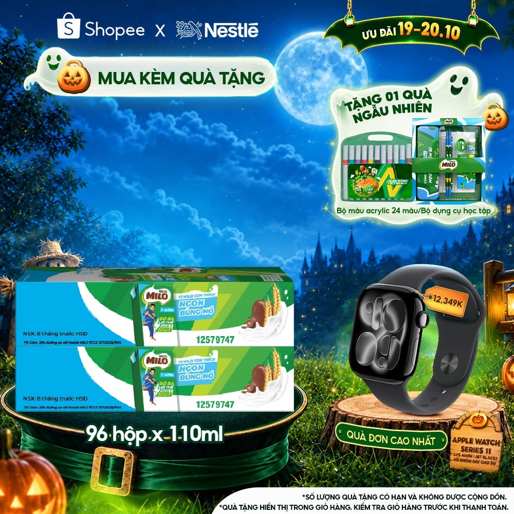 Combo 2 Thùng Sữa lúa mạch Nestle MILO ít đường dạng hộp 12 lốc x(4x110 ml)