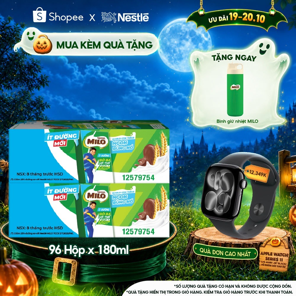 Combo 2 Thùng Sữa lúa mạch Nestle MILO ít đường (48 Hộp x 180ml)