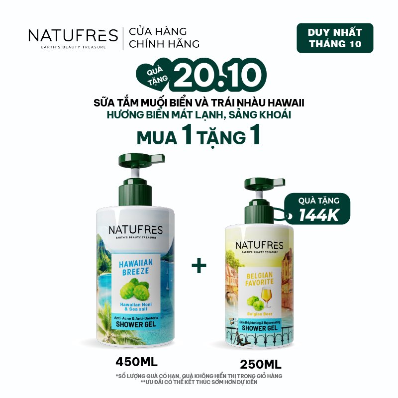 Sữa Tắm Ngừa Mụn, Hương Biển Mát Lạnh Natufres Hawaiian Breeze Chiết Xuất Muối Biển & Trái Nhàu Hawaii – 250ml / 450ml
