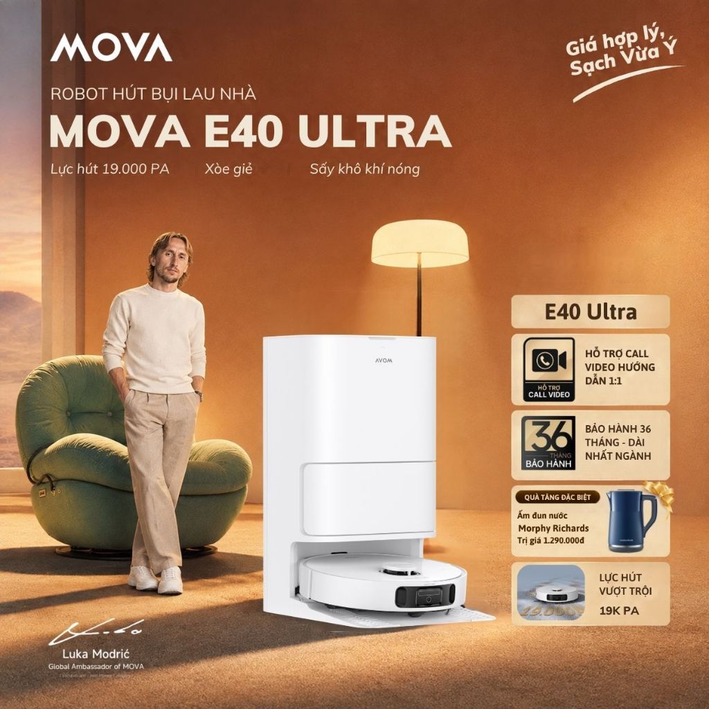 Robot Hút Bụi Lau Nhà Mova E40 Ultra | Lực hút 19.000Pa| xòe giẻ 4cm làm sạch sát cạnh | BH 36 tháng