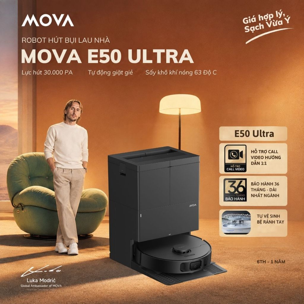 Robot Hút Bụi Lau Nhà Mova E50 ULTRA | Lực Hút 30.000PA | Tự Giặt Giẻ Tự Đổ Rác | Xòe Giẻ 5cm | BH 36 Tháng