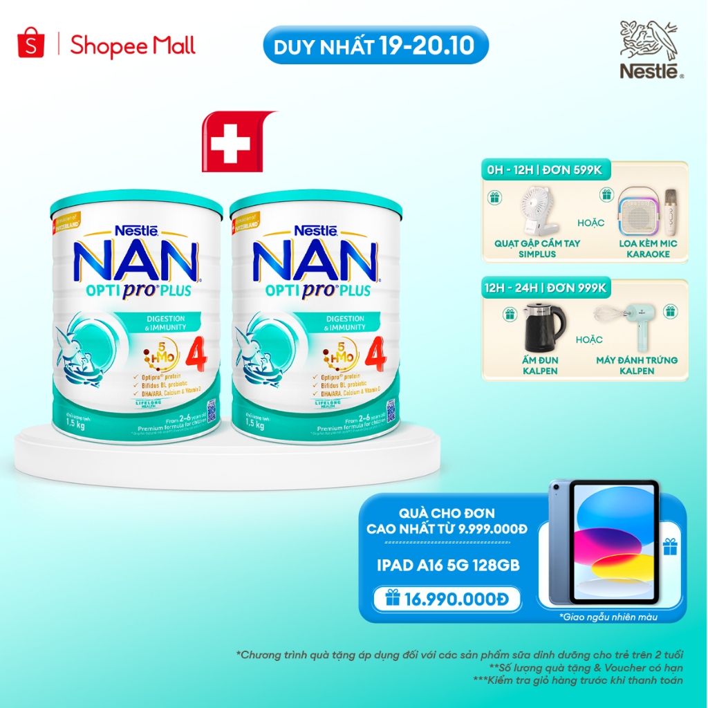 [Tặng Máy uốn duỗi 2in1 Simplus] Combo 2 lon Sữa bột Nestlé NAN OPTIPRO PLUS 4 1500g/lon với 5HMO Giúp tiêu hóa tốt
