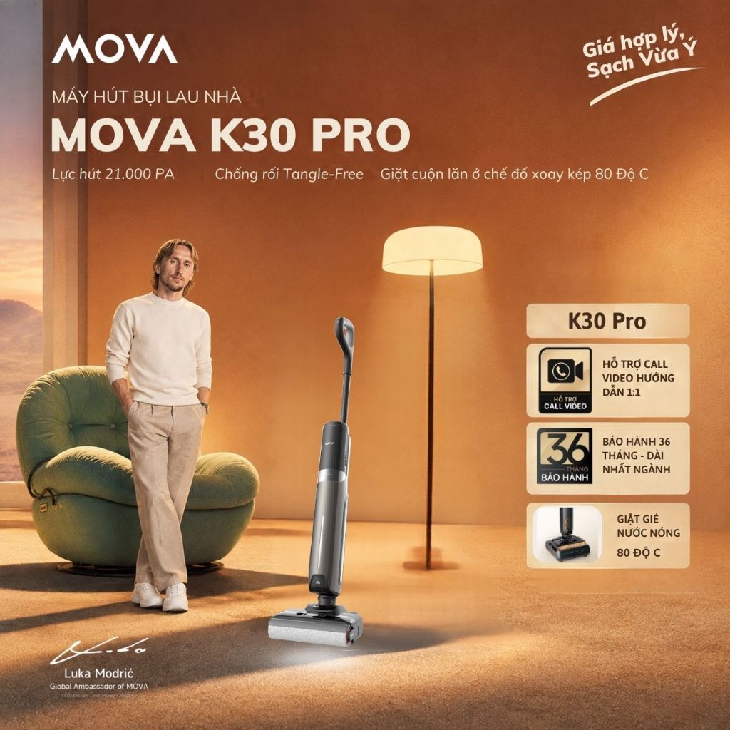 Máy Hút Bụi Lau Sàn Không Dây Mova K30 Pro | Lực Hút 21.000Pa | Ngả Phẳng 180° | Bảo Hành 36 Tháng