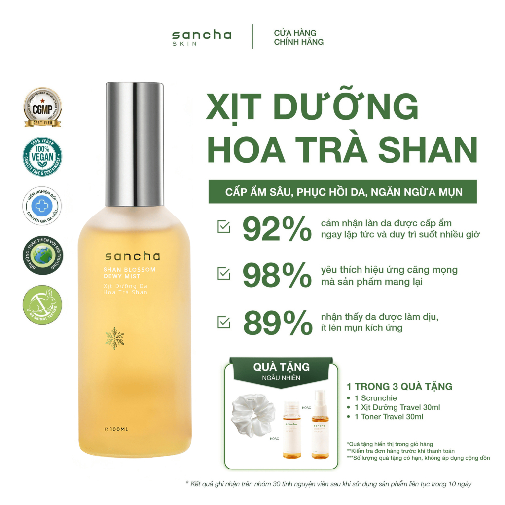 [Mua 1 Được 2] Xịt Dưỡng Da Hoa Trà Shan SANCHA (100ml) - Cấp Ẩm Sâu, Làm Dịu & Làm Sáng