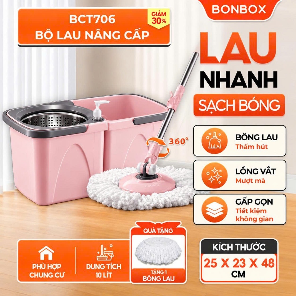 Bộ cây lau nhà thông minh xoay 360 độ BONBOX BCT706, cây lau nhà tự vắt có 2 ngăn tách nước bẩn có thể tháo rời - BH 12T