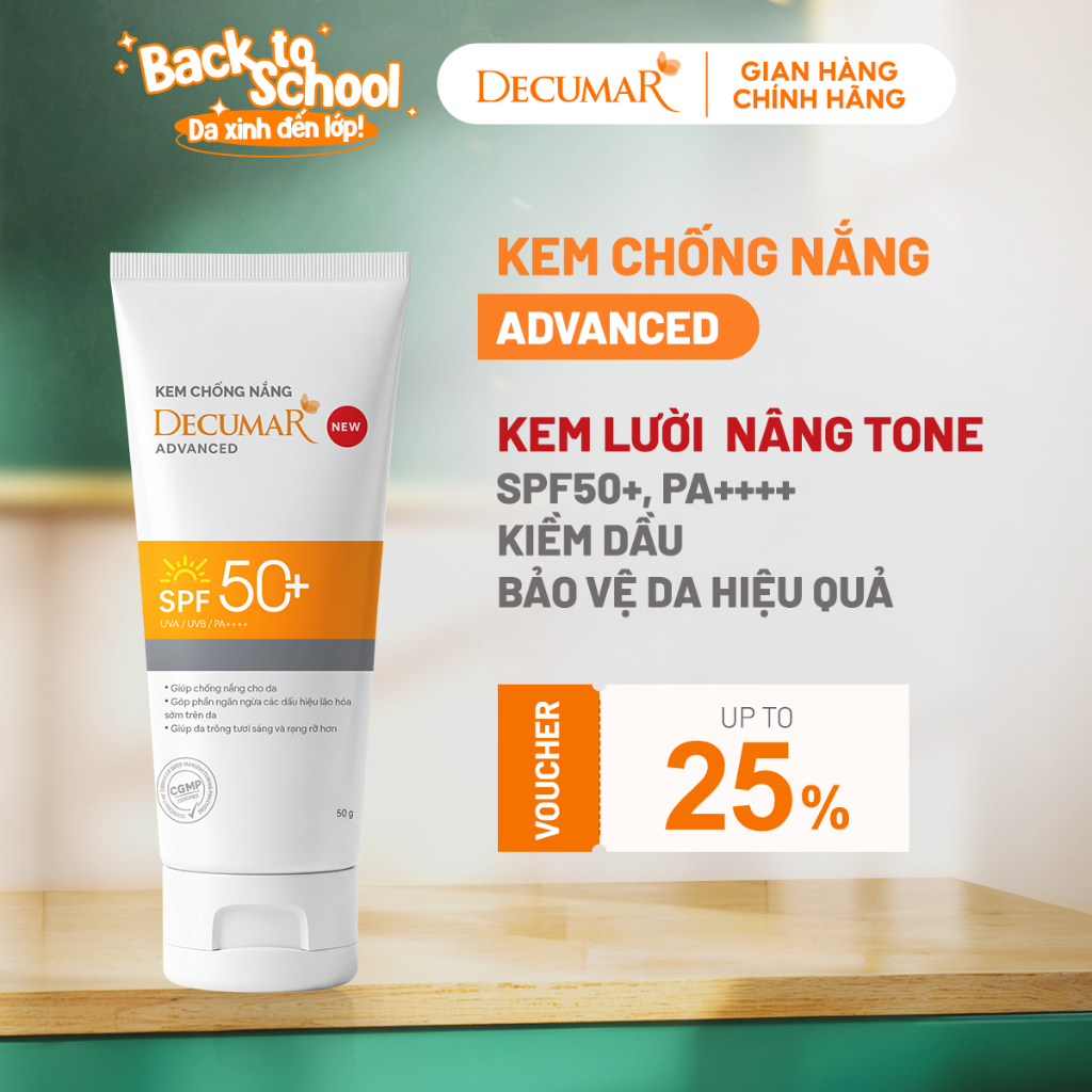 Kem Chống Nắng, Kem Lười Nâng Tone, Ngăn Ngừa Mụn Decumar Advanced 50g, Kiềm Dầu, Kháng Nước, SPF 50+, PA++++