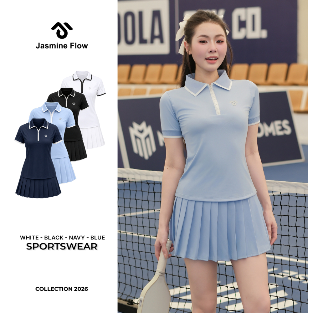 [DEAL MỞ BÁN] Set Bộ Pickleball, Tennis nữ cao cấp JASMINE FLOW, Áo Polo Phối Chân Váy xếp ly tôn dáng, co giãn JG048