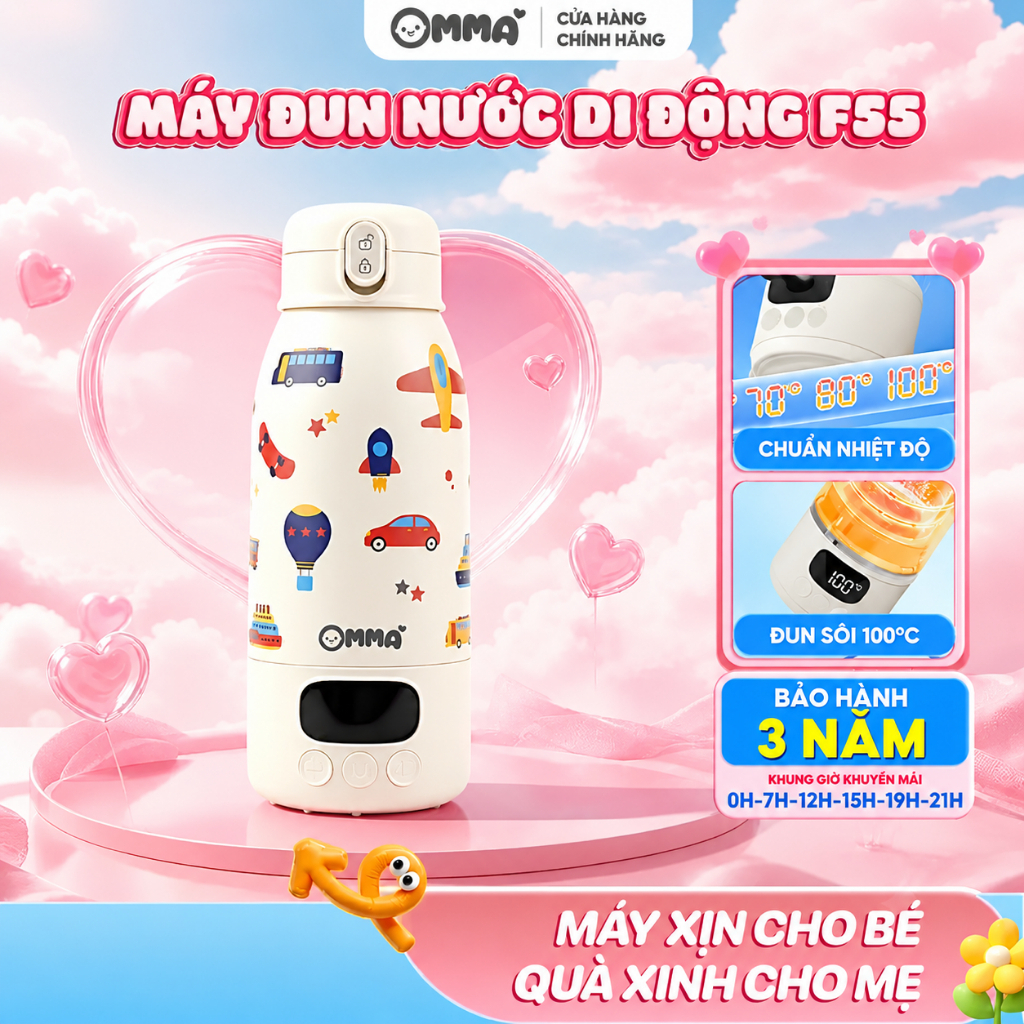 [Bản 2026] Bình đun nước cài nhiệt 35 -100 độ cầm tay di động F55 OMMA tiện lợi mang theo - BH 3 năm