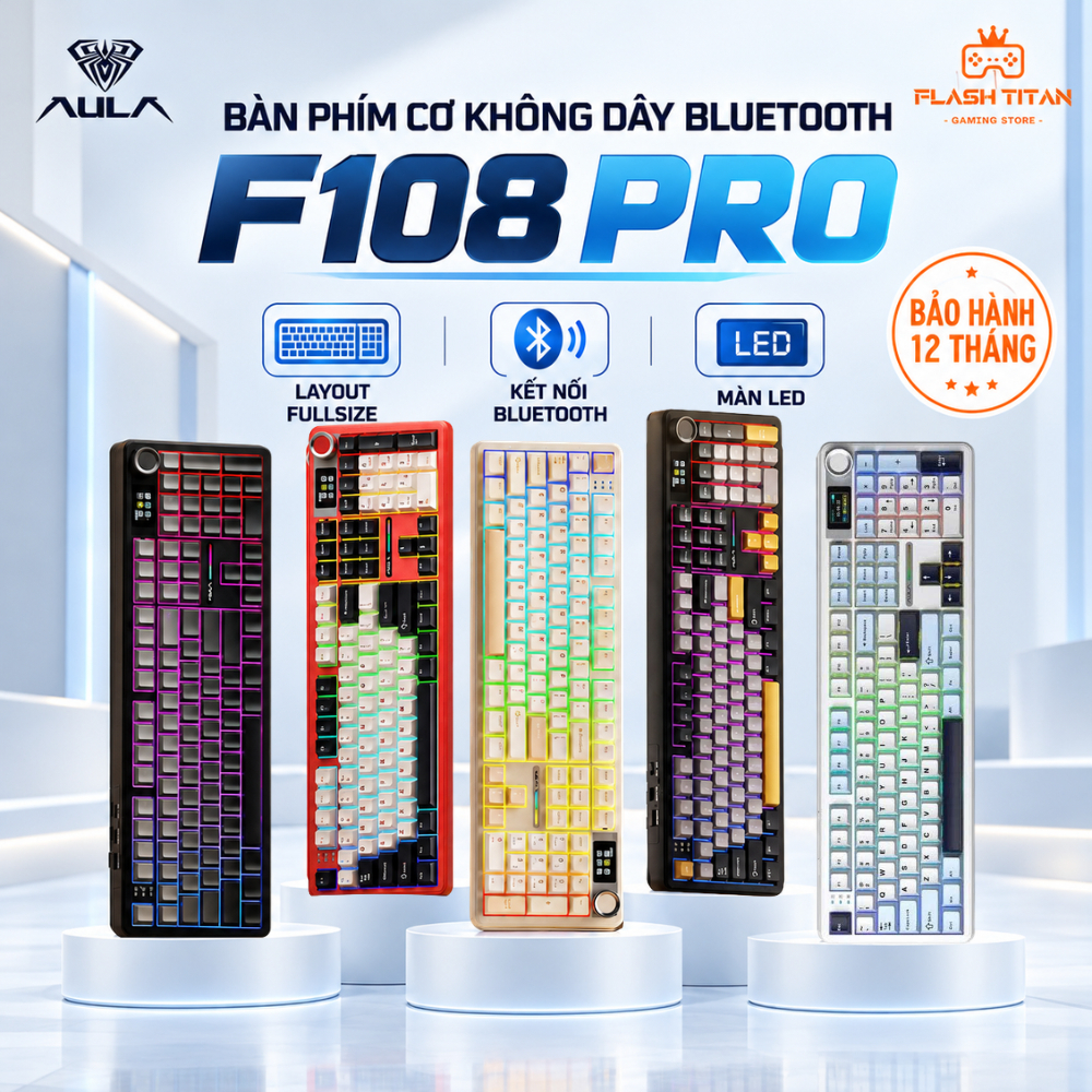 Bàn Phím Cơ Không Dây AULA F108 PRO Fullsize Kết Nối Bluetooth Dùng Cho PC, Laptop Chơi Game Văn Phòng, Có màn hình LCD