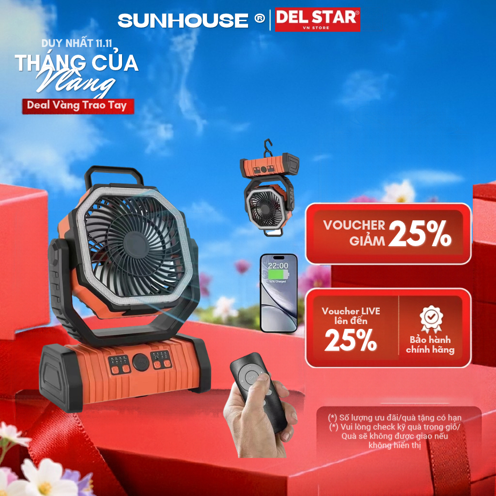 Quạt tích điện F6 kết hợp đèn chiếu sáng, dung lượng pin 20000mAh sạc điện thoại USB điều khiển từ xa - DCP35