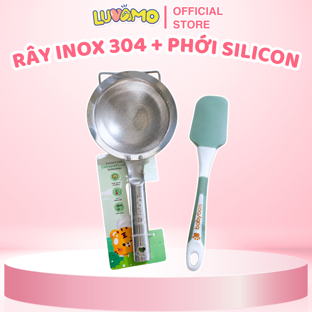 Rây inox nguyên khối 304 misan kèm phới silicon Babyboo quấy cháo, chế biến đồ ăn dặm cho bé Luvamo