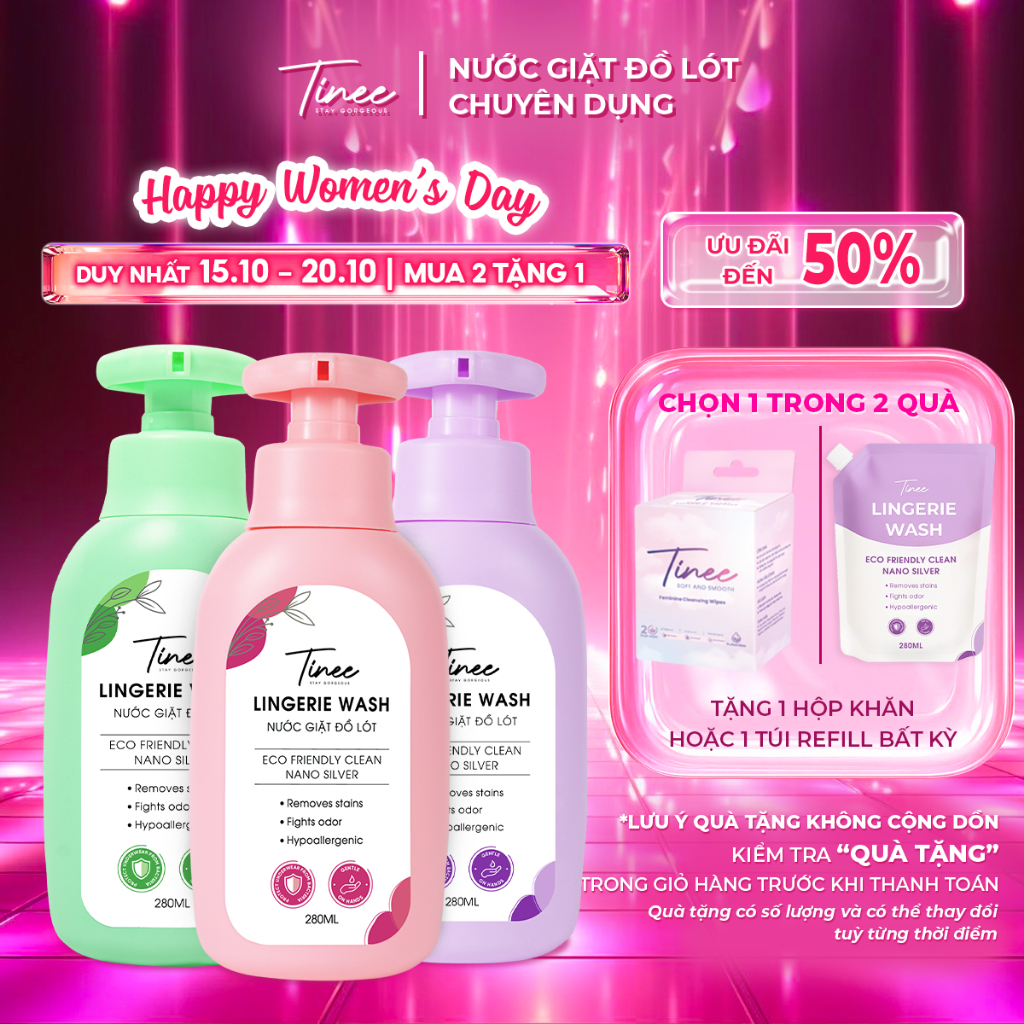 Nước Giặt Đồ Lót Chuyên Dụng Tinee 280ml - Bản Nano Bạc Hạn Chế Nấm Khuẩn, Dịu Nhẹ