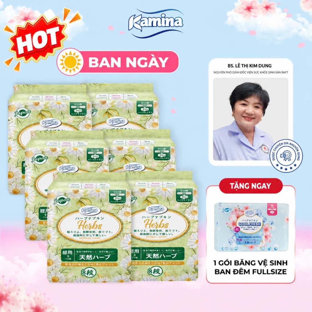 [Combo 6 Gói] Băng Vệ Sinh Thảo Dược Ban Ngày Kamina Herbs Mềm Mịn Thoáng Khí 24.5cm
