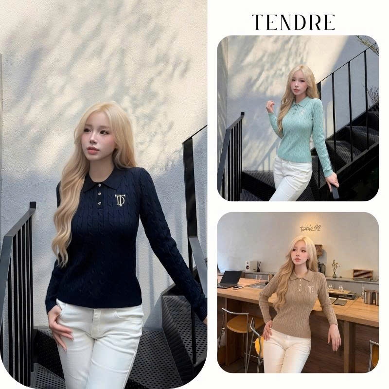 TENDRE - Áo Polo Len Dài Tay Dệt Kim Vặn Thừng Cúc Đồng, Áo Len Cổ Bẻ Style Hàn Quốc Thanh Lịch Dễ Phối Đồ B65
