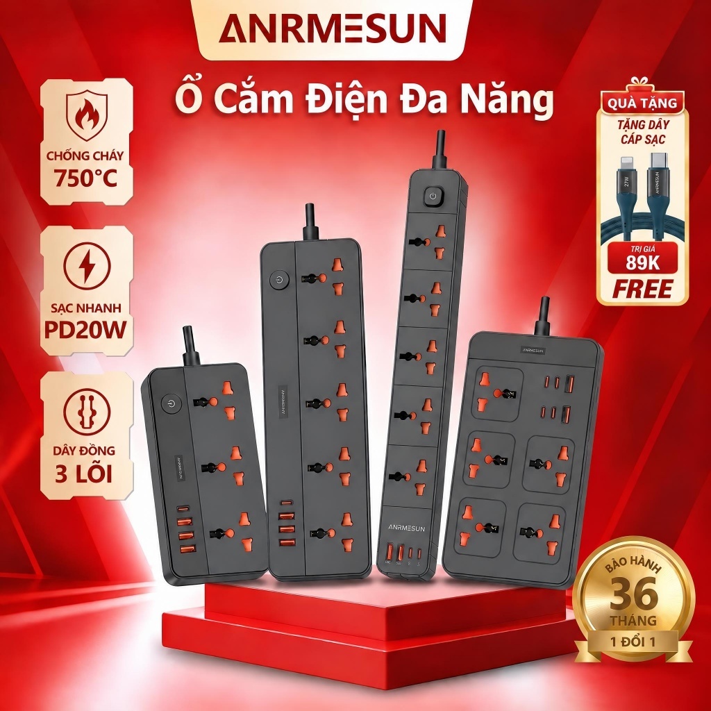 Ổ Cắm Điện Đa Năng ANRMESUN Thông Minh Chống Cháy Chống Sét 2500W USB Type-C Sạc Nhanh 20W An Toàn 3 Lõi Đồng Cầu Chì 2M