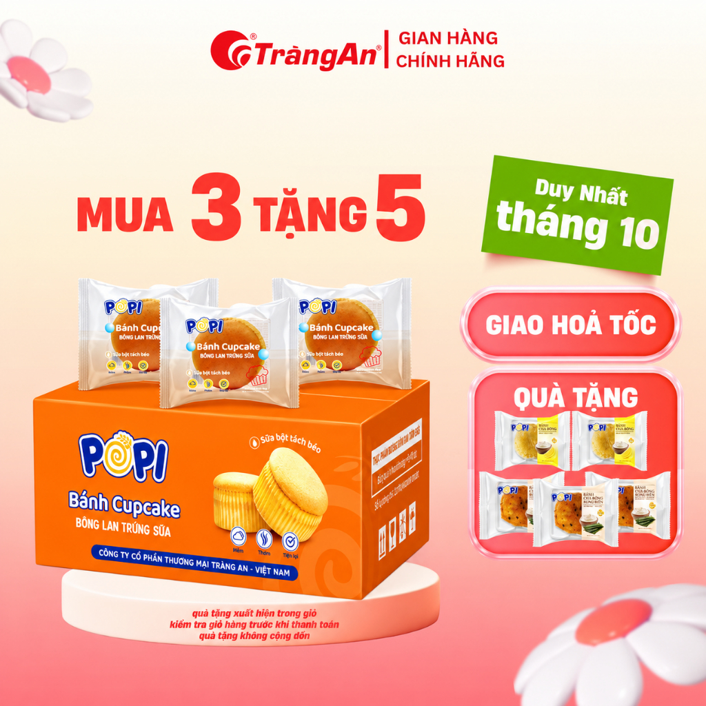 COMBO 3 Thùng 10 Bánh Bông Lan Cupcake Trứng Sữa Popi 48Gr Ăn Sáng, Ăn Xế Cốt Bánh Mềm Mịn, Ít NgọT