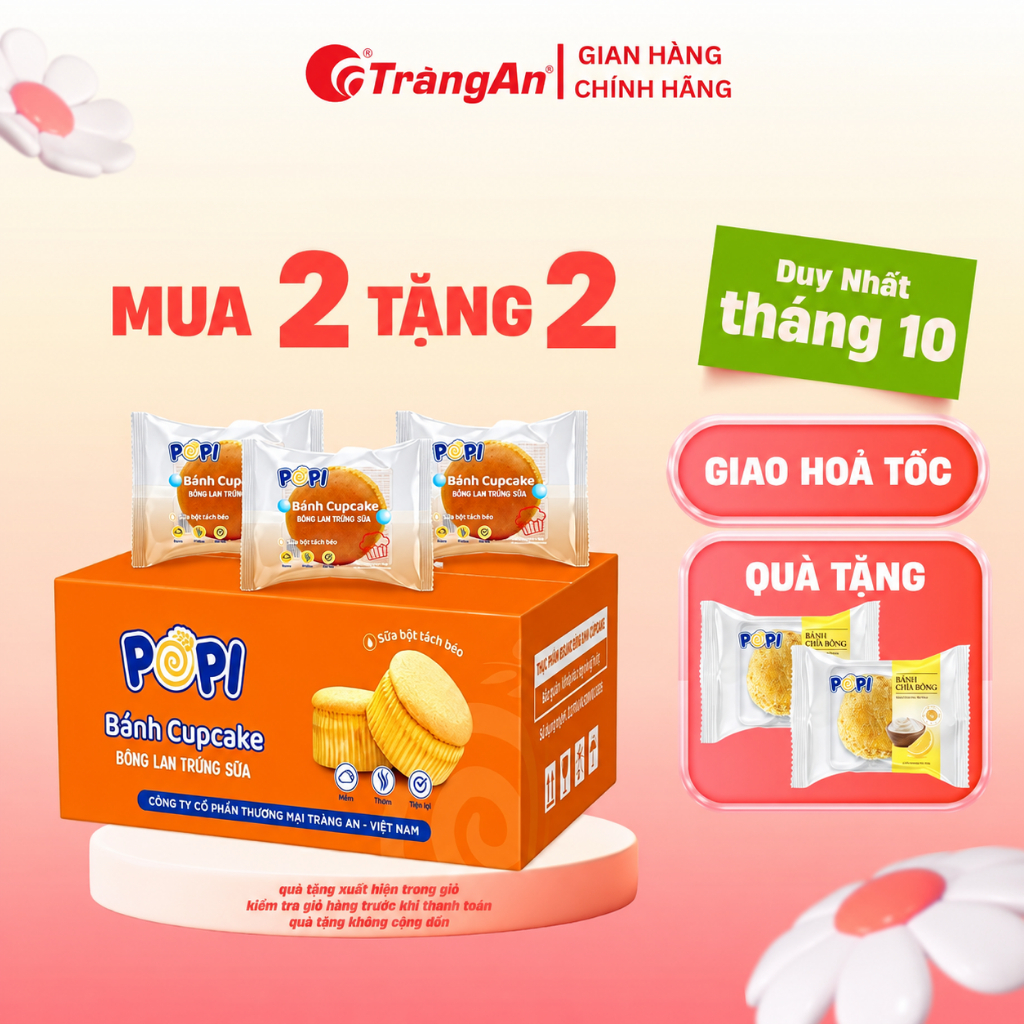 Bánh Cupcake Bông Lan Trứng Sữa POPI Tràng An Cao Cấp 48g Mềm Thơm Dinh Dưỡng Tiện Lợi