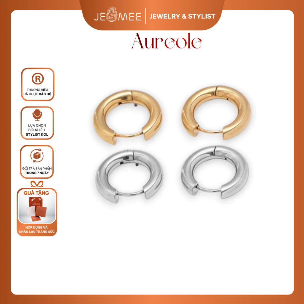 Khuyên tai nữ tròn Aureole Jesmee, bông tai thép titan mạ vàng 18K, mạ bạch kim đơn giản có chốt bấm E65010