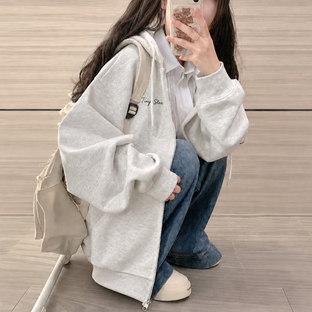 Áo Khoác Hoodie Zip Unisex TINYSTAR Chất Nỉ 2 Da, Áo Khoác Nam Nữ Có Mũ Kéo Khóa, Form Rộng Màu Xám Be