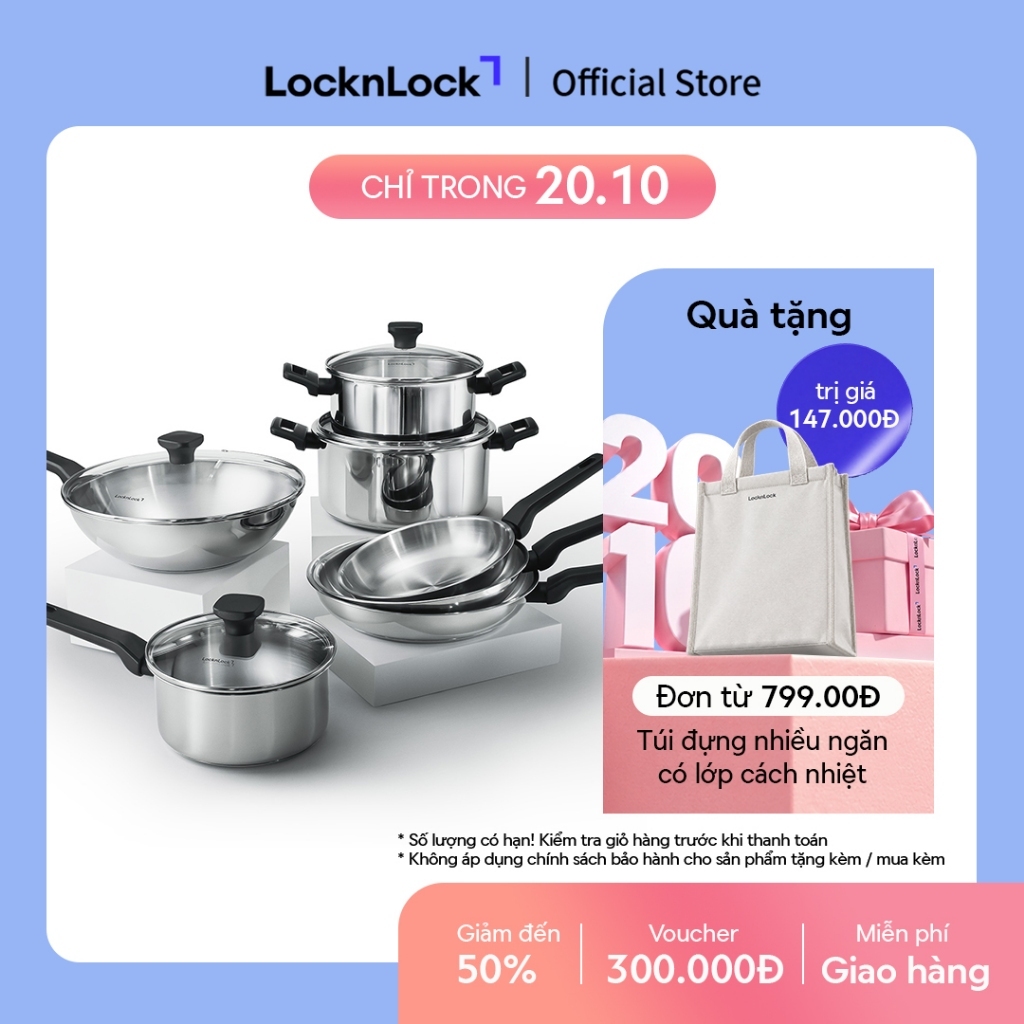Nồi, Chảo Inox LocknLock Daily STS PPW thân bằng thép không gỉ 304, kèm nắp kính trong suốt, tay cầm chịu nhiệt