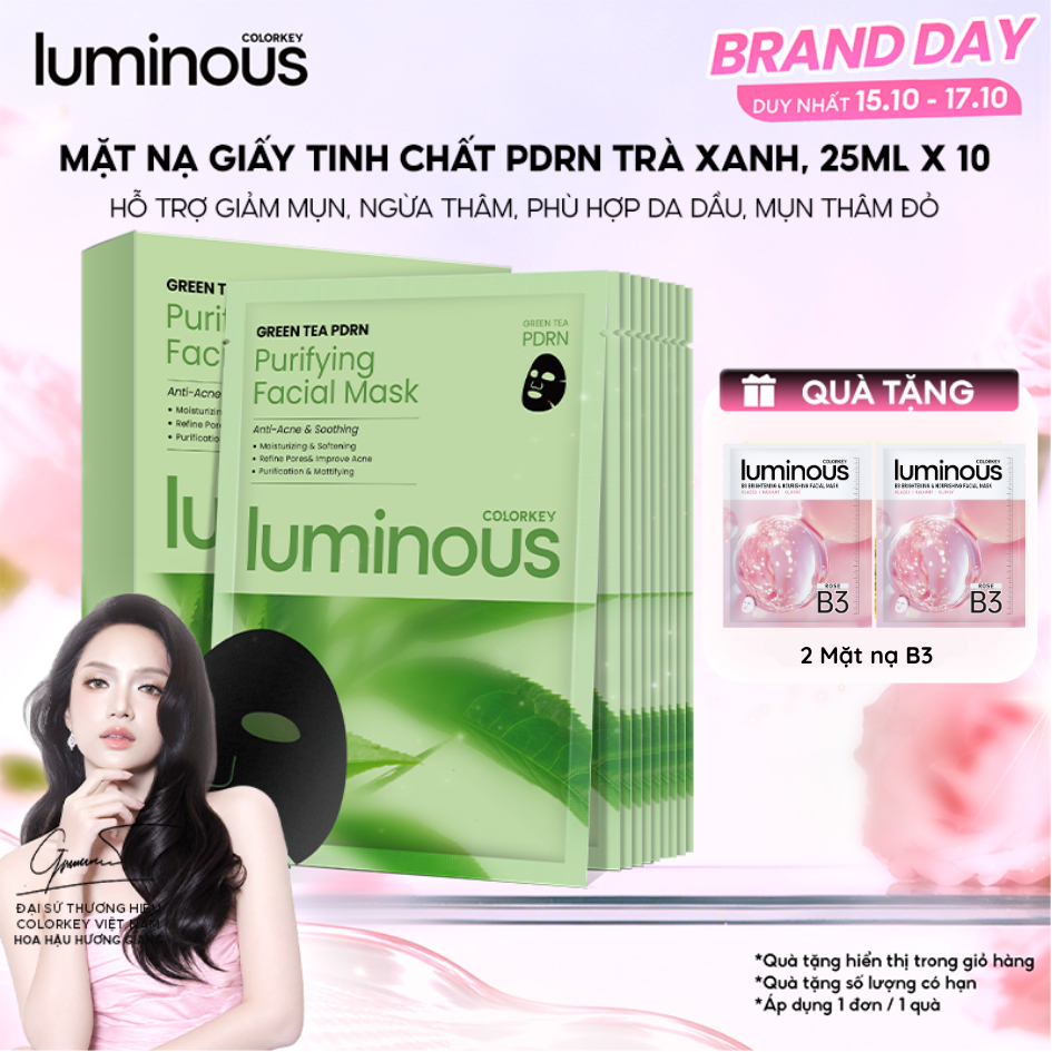 Mặt nạ giấy PDRN Trà xanh| Colorkey Luminous| Phù hợp da dầu, hỗn hợp thiên dầu |Làm dịu da, giảm mẩn đỏ| 1 hộp 10 Miếng