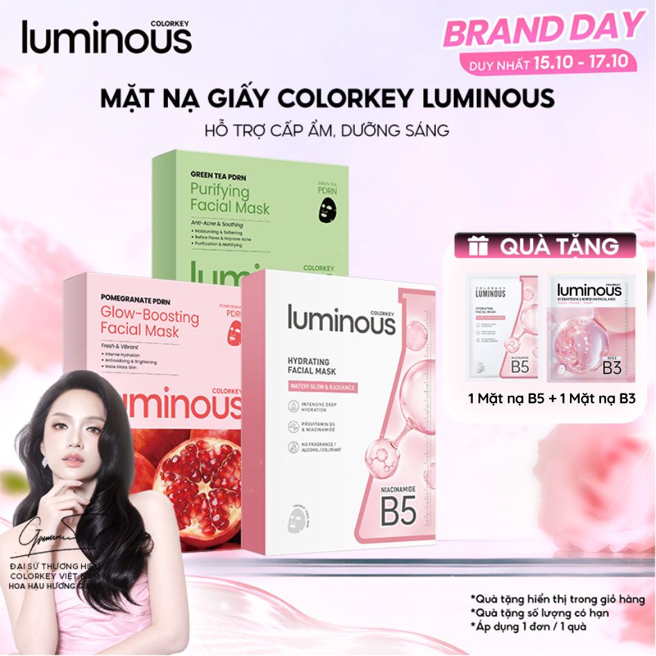 Mặt Nạ Colorkey Luminous | Vitamin B5/ Vitamin B3/ Trà xanh/ PDRN| Hỗ trợ dưỡng ẩm, sáng da, giảm dầu mụn| 10 miếng/Hộp
