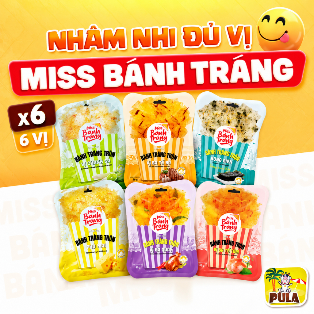 Combo 6 vị | Miss Bánh Tráng Bự Tiệm nhà Pula | Combo Bánh Tráng Trộn Bịch 40-46 Gram Đủ Vị | Ngon Dễ Nghiện