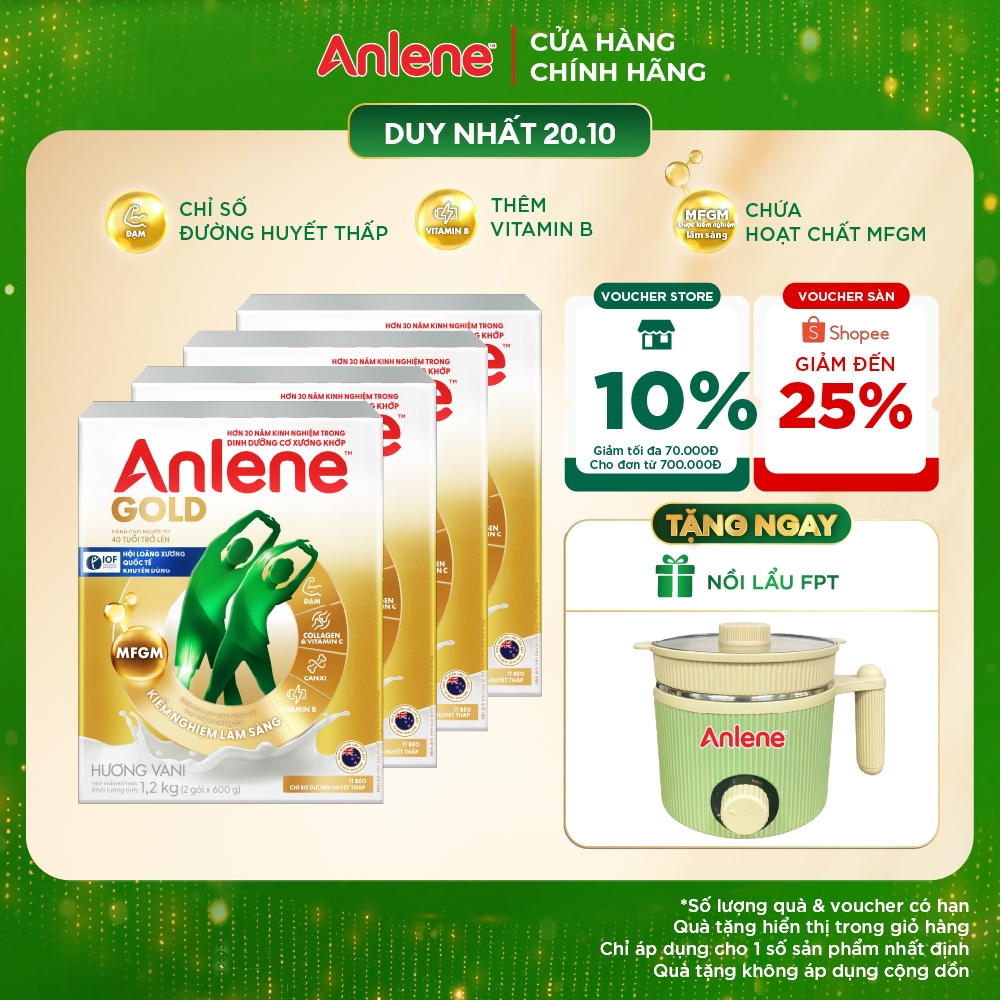 Combo 4 hộp Sữa Bột Anlene Gold Hương Vani 1.2kg ít béo, chỉ số đường huyết thấp giúp tăng cường cơ xương khớp
