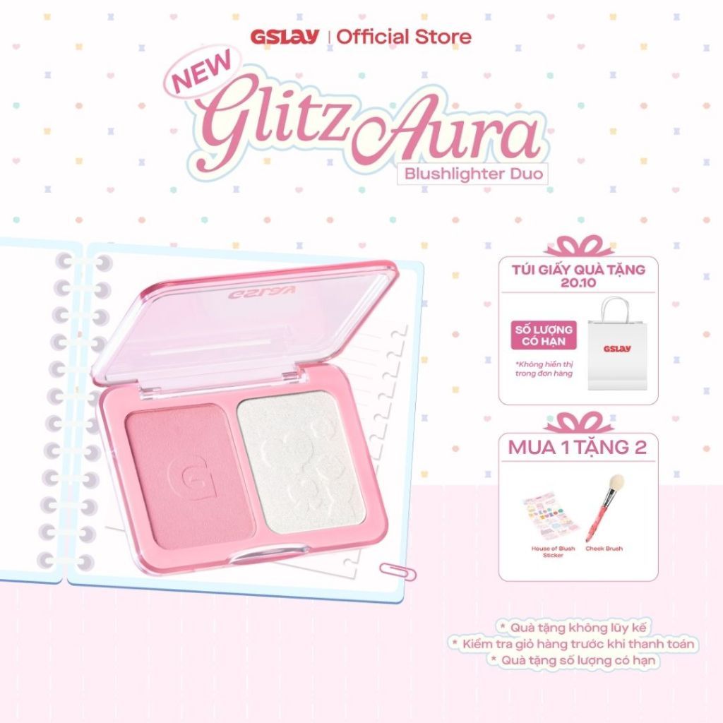Bảng má hồng bắt sáng 2 ô đa năng GSLAY Glitz Aura Blushlighter Duo phấn má nướng mịn, highlight căng sáng (7,6g)