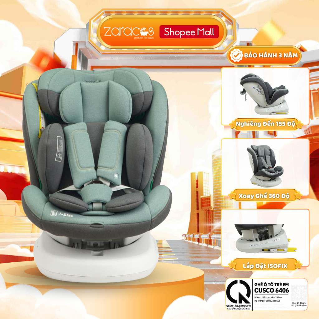 Ghế Ngồi Oto Cho Bé Zaracos Cusco 6406 Xoay 360 Đạt Chuẩn I-Size An Toàn Chất Lượng Bảo Hành 3 Năm - Đạt Chuẩn QCVN