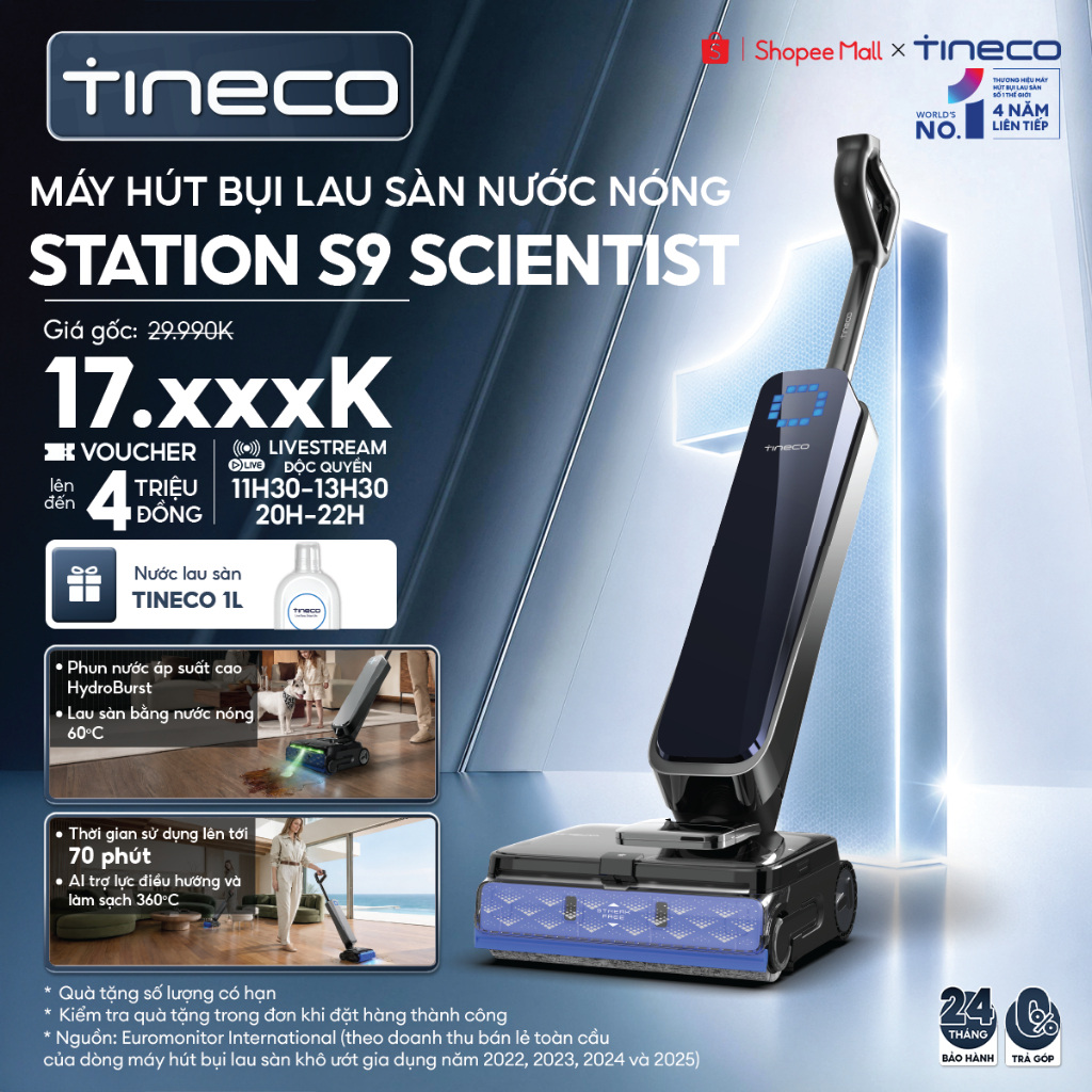 Tineco Floor One Station S9 Scientist Máy hút bụi lau sàn nước nóng - Lực hút 25.000Pa - Thời gian hoạt động lên tới 70p