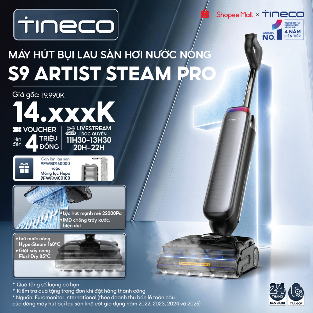 Tineco Floor One S9 Artist Steam Pro Máy hút bụi lau sàn hơi nước nóng HyperSteam 160°C - 22000pa - Giặt sấy nóng 85°C