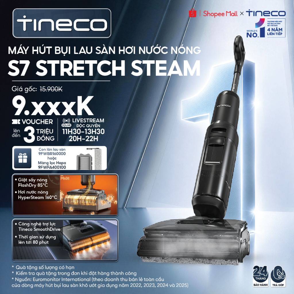 Tineco Floor One S7 STRETCH STEAM Máy hút bụi lau sàn hơi nước nóng HyperSteam 160°C - Lực hút 22000Pa - Giặt sấy 85°C