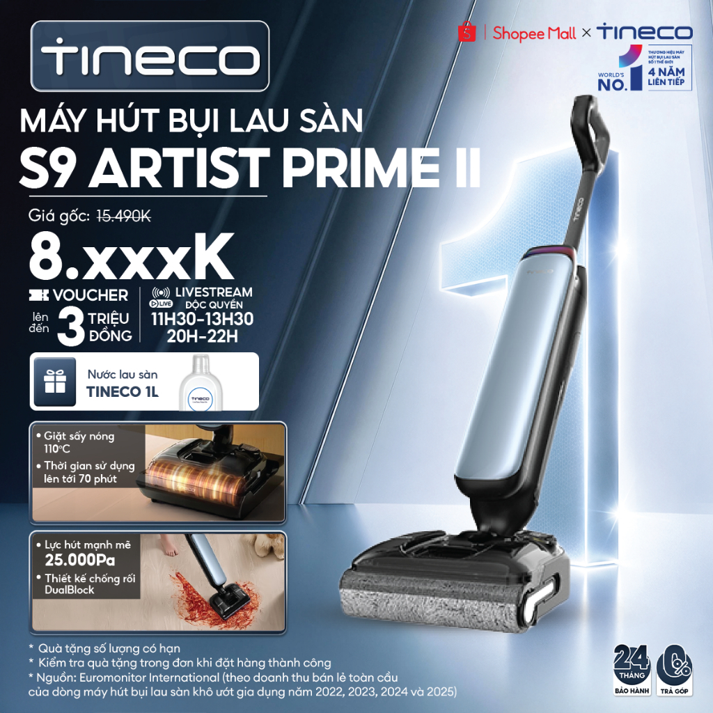 Tineco Floor One S9 Artist Prime II Máy hút bụi lau sàn khô ướt - Lực hút 25000Pa - Thời gian sử dụng lên tới 110 phút