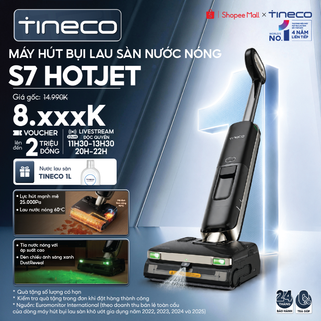 Tineco Floor One S7 HotJet Máy hút bụi lau sàn nước nóng - Lực hút 25000Pa - Tia nước nóng áp suất cao - BH 24 Tháng