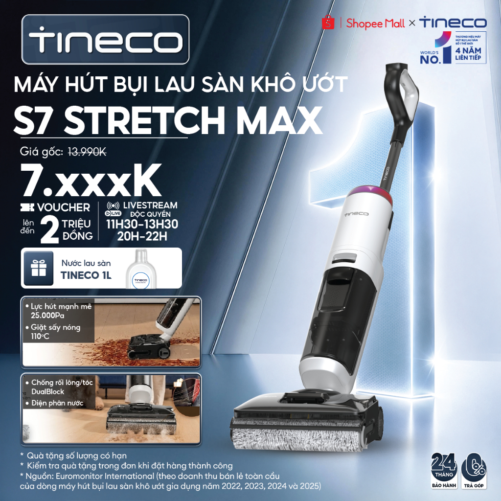 Tineco Floor One S7 Stretch Max Máy hút bụi lau sàn khô ướt  - Lực hút 25000Pa - Trợ lực SmoothPow - Giặt sấy nóng 110°C