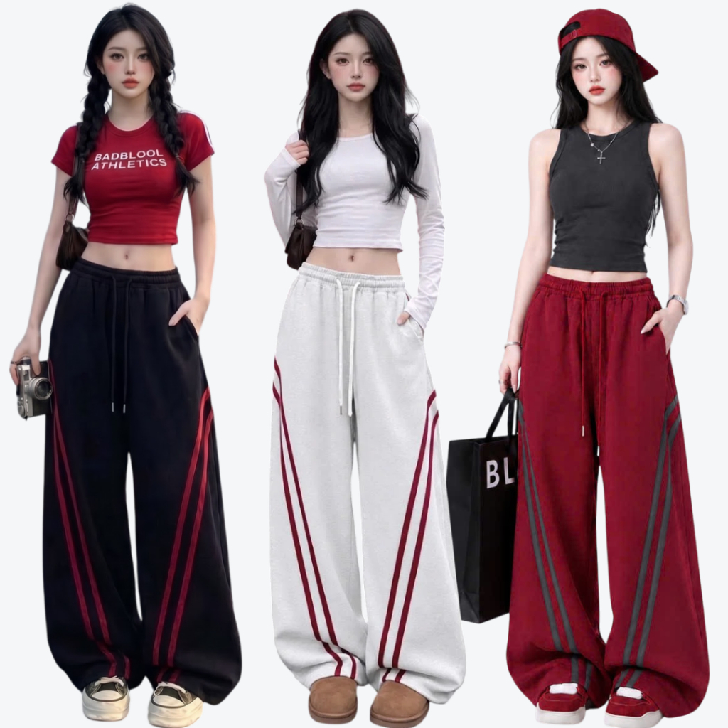 Quần ống rộng nữ viền sọc dáng suông phong cách thể thao Ulzzang chất nỉ dặn đứng form 0022 | BigBuy360 - bigbuy360.vn