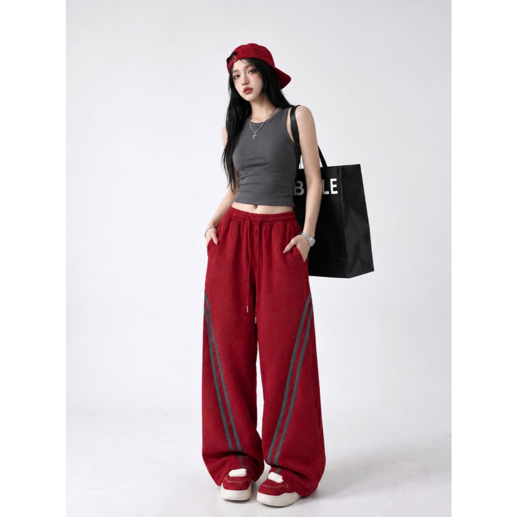 Quần ống rộng nữ viền sọc dáng suông phong cách thể thao Ulzzang chất nỉ dặn đứng form 0022 | BigBuy360 - bigbuy360.vn