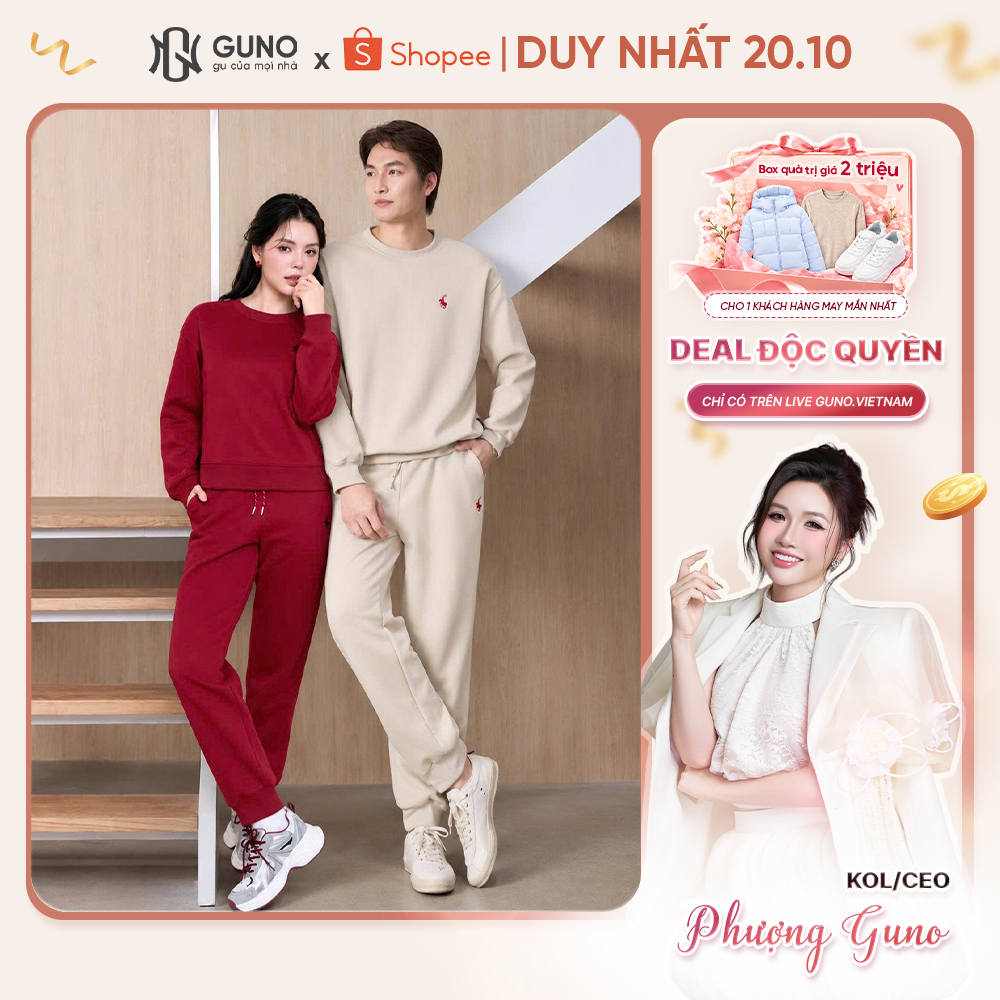 Bộ Quần Áo Nỉ Nam Nữ GUNO Cổ Tròn Thêu Ngựa Quần Bo Gấu Set Bộ Thu Đông Thời Trang SP5 26BG192/BB193