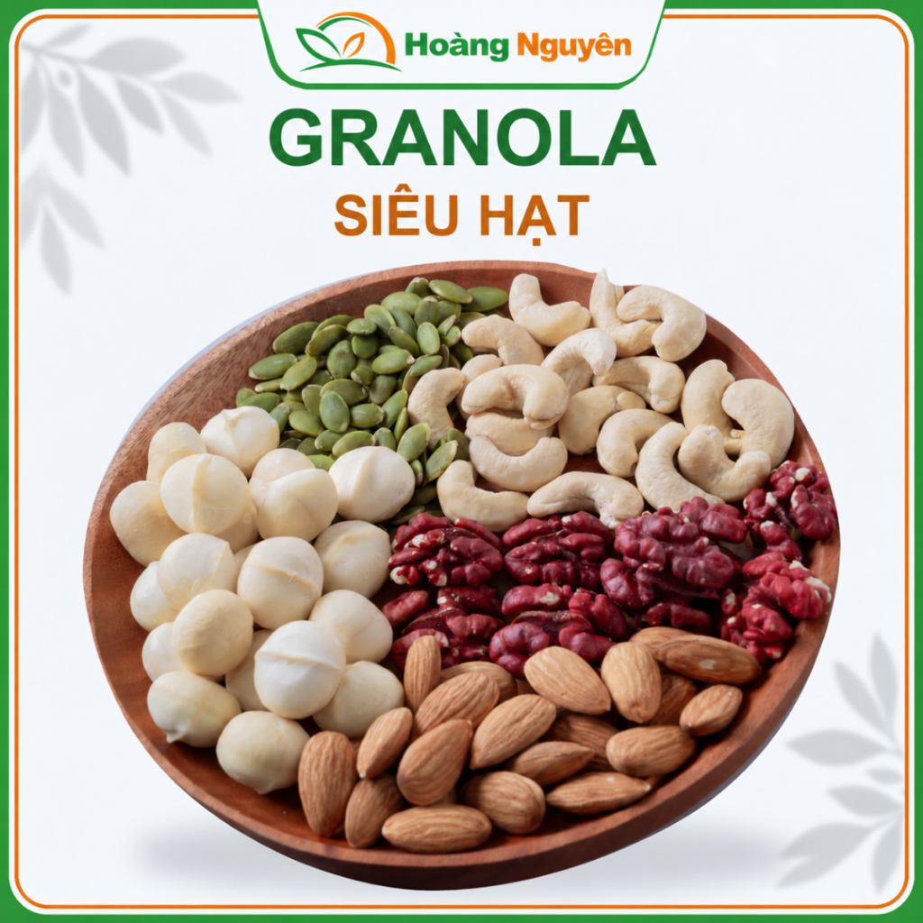 Hạt Dinh Dưỡng Mix Nguyên Vị Granola Siêu Hạt Ngũ Cốc Ăng Kiêng Giảm Cân HOÀNG NGUYÊN Hủ 500g Cả bì.