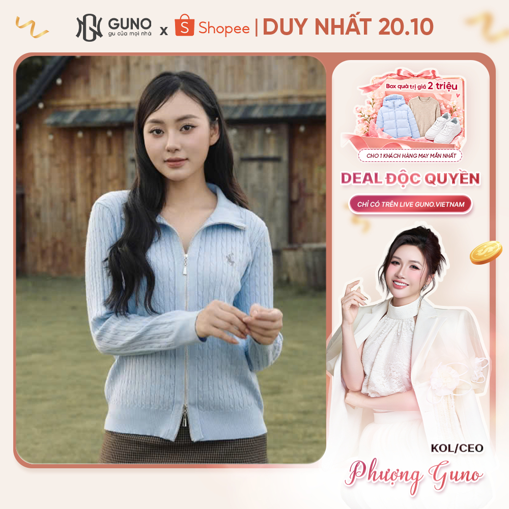 Áo Khoác Len Nữ Dệt Kim GUNO Khoá Kéo 2 Chiều Dày Dặn Giữ Ấm Thêu Logo Ngựa Thời Trang  26AG215