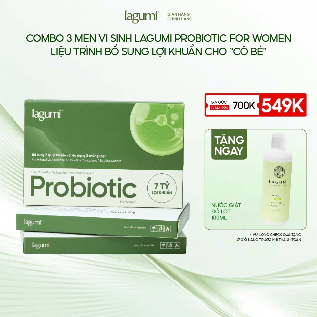 3 Hộp Men Vi Sinh Phụ Nữ LAGUMI PROBIOTIC Giúp Giảm Viêm Nhiễm, Nấm Ngứa, Khí Hư, Mùi Hôi - 1 hộp 10 viên
