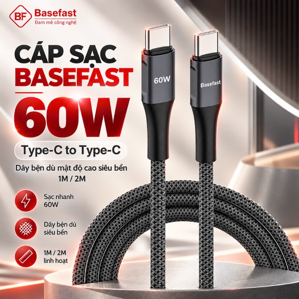 Dây sạc nhanh Type C 60W Basefast cáp bọc dù 1m 2m C to C dùng cho Phone 15 16 17 samsung xiaomi ...