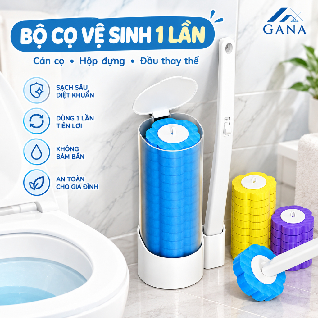Bộ cọ vệ sinh dùng một lần gắn tường GANA, cọ toilet xoay 360 độ thế hệ mới có đầu thay thế.