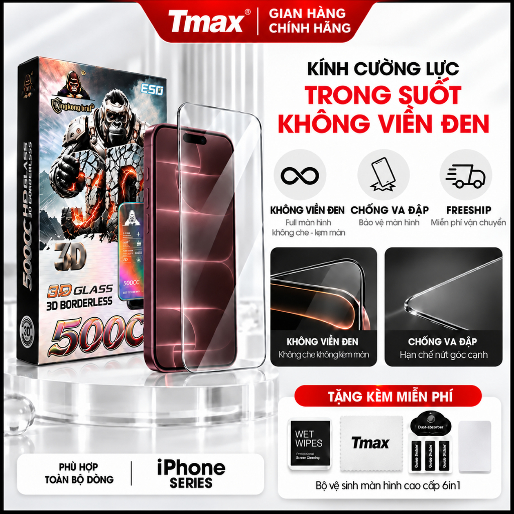 Kính cường lực viền cong 3D không viền đen cho iPhone 18 Promax, 17 Promax 16/15/14/13/12/11 Pro/Plus/Promax full màn