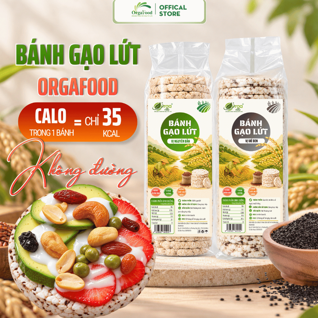 Bánh Gạo Lứt Orgafood [Mua 3 Tặng 1] Bỏng Gạo Lứt - Ăn Vặt Healthy, Ít Calo, Không Chiên Dầu, Không Đường