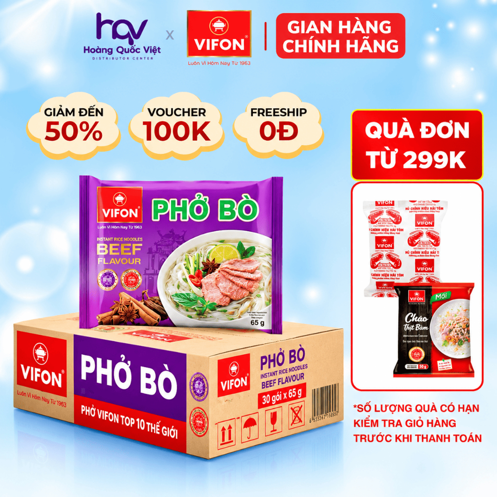 Thùng 30 Gói Phở Ăn Liền Bò/Gà/Chay Rau Nấm 65g VIFON Chính Hãng, Sợi Dai Mềm Đậm Đà Tiện Lợi