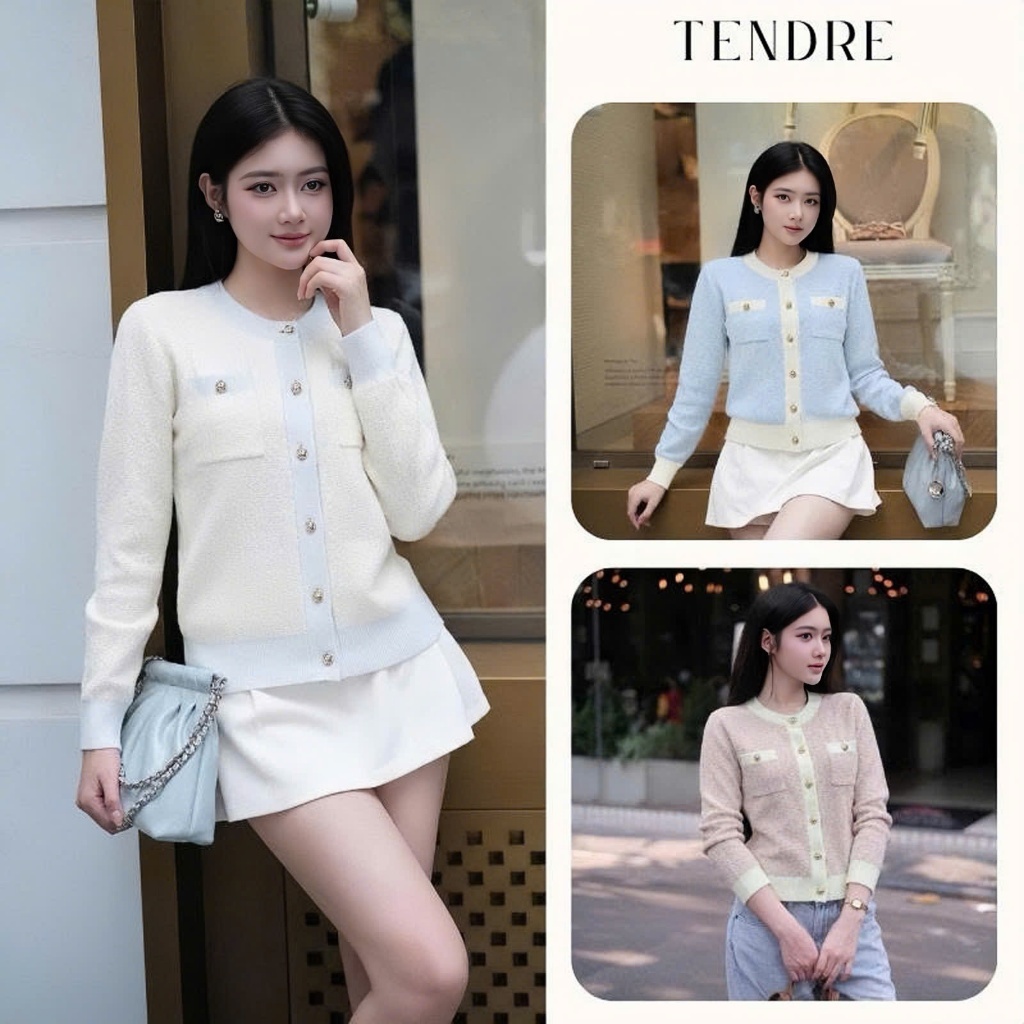 TENDRE - Áo Len Cardigan Nữ Cổ Tròn Phối Viền Đính Cúc Hoa, Áo Len Dài Tay Co Giãn Phong Cách Hàn Quốc Thanh Lịch B66